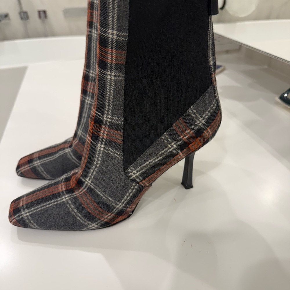 MSGM Black and Gray Plaid Heeled Boots